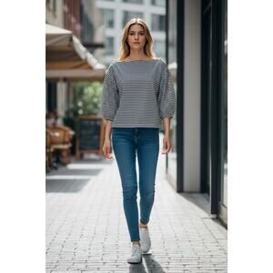 BURU stripe tunic With Shoulder button detail and 3/4 sleeves Size Medium